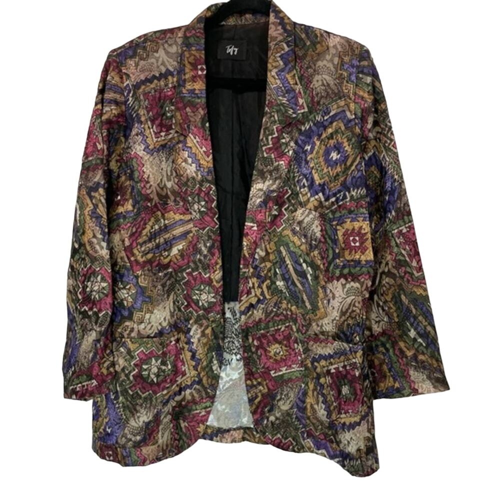 Vintage 90s Blazer Jacket Size 12 Aztec Dark Academia Made USA Oversized Tofy